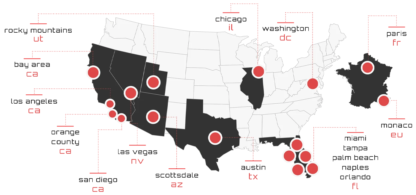 Map of the United States and France with the locations of Fast Lane Drive chapters indicated on the map.