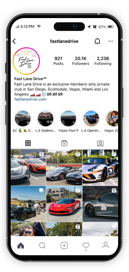 Mobile phone displaying the Fast Lane Drive Instagram page